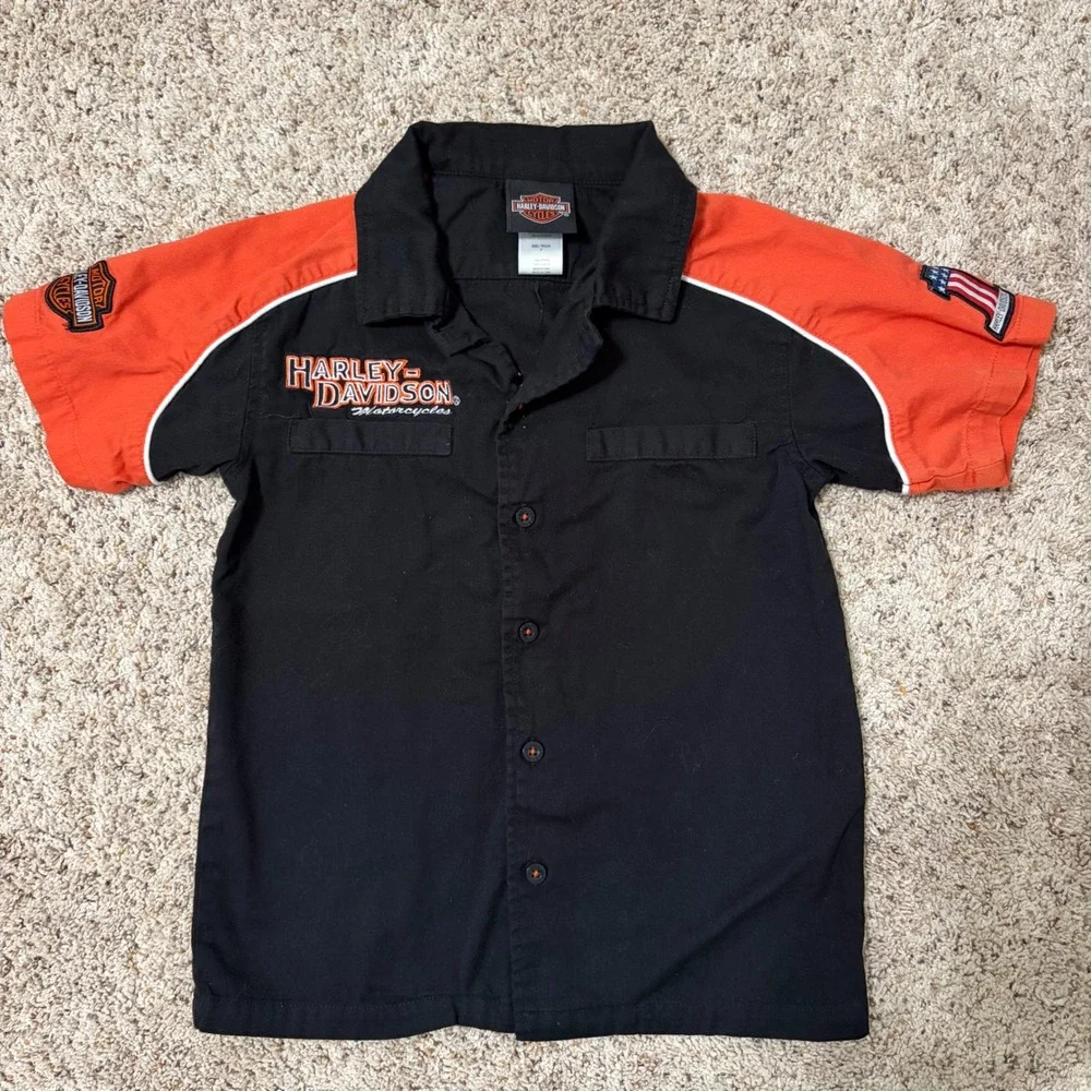 Harley-Davidson‎ Youth Button Front Racing Shirt Black Orange Size 7 Motorcycle